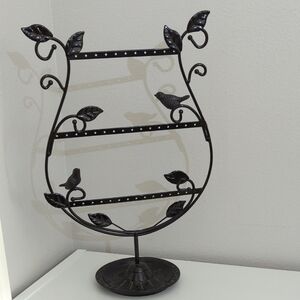 Black Metal Jewelry Stand with Bird and Leaf Design